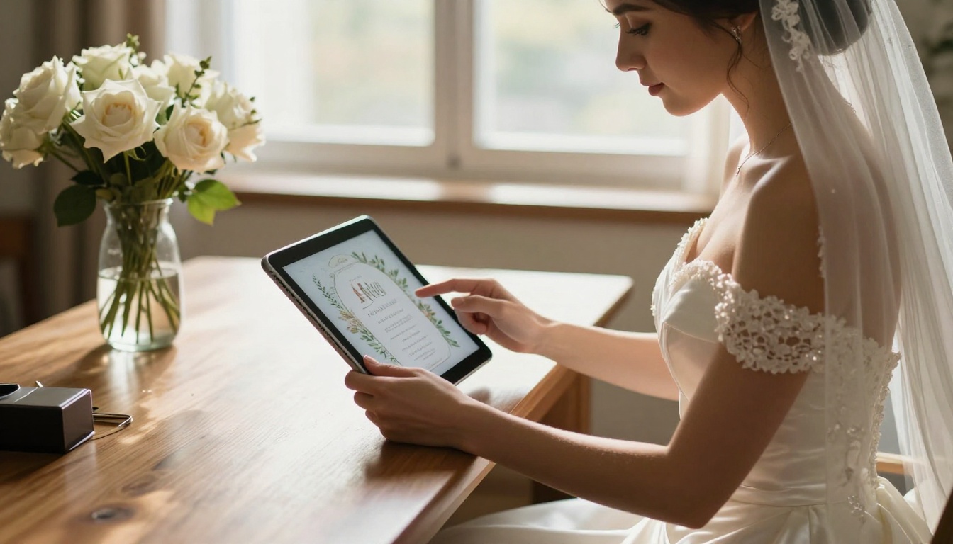 Bride holding tablet with digital wedding invitation near window