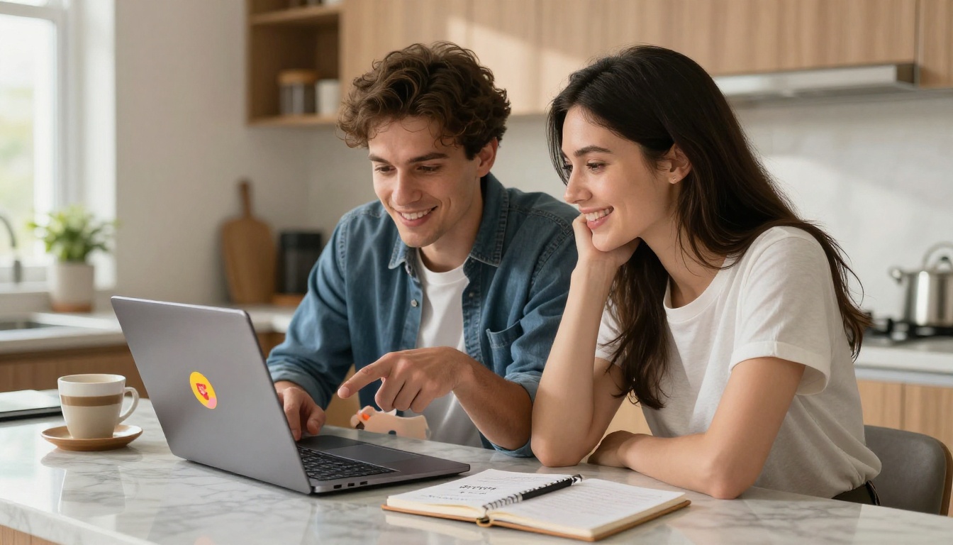 Young couple designing digital wedding invitation together on laptop