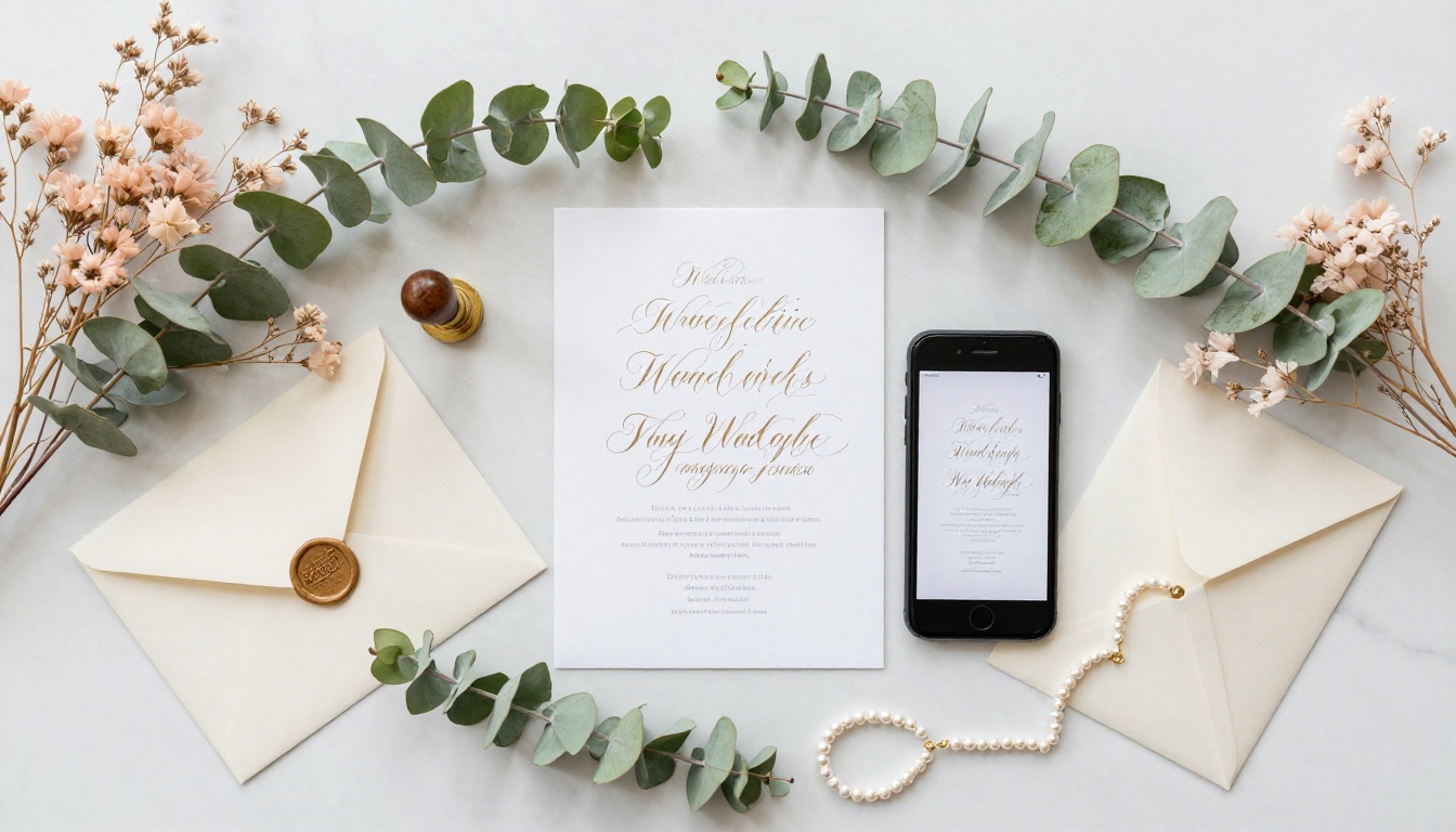 Wedding planning flat lay with phone and printed invitation on marble