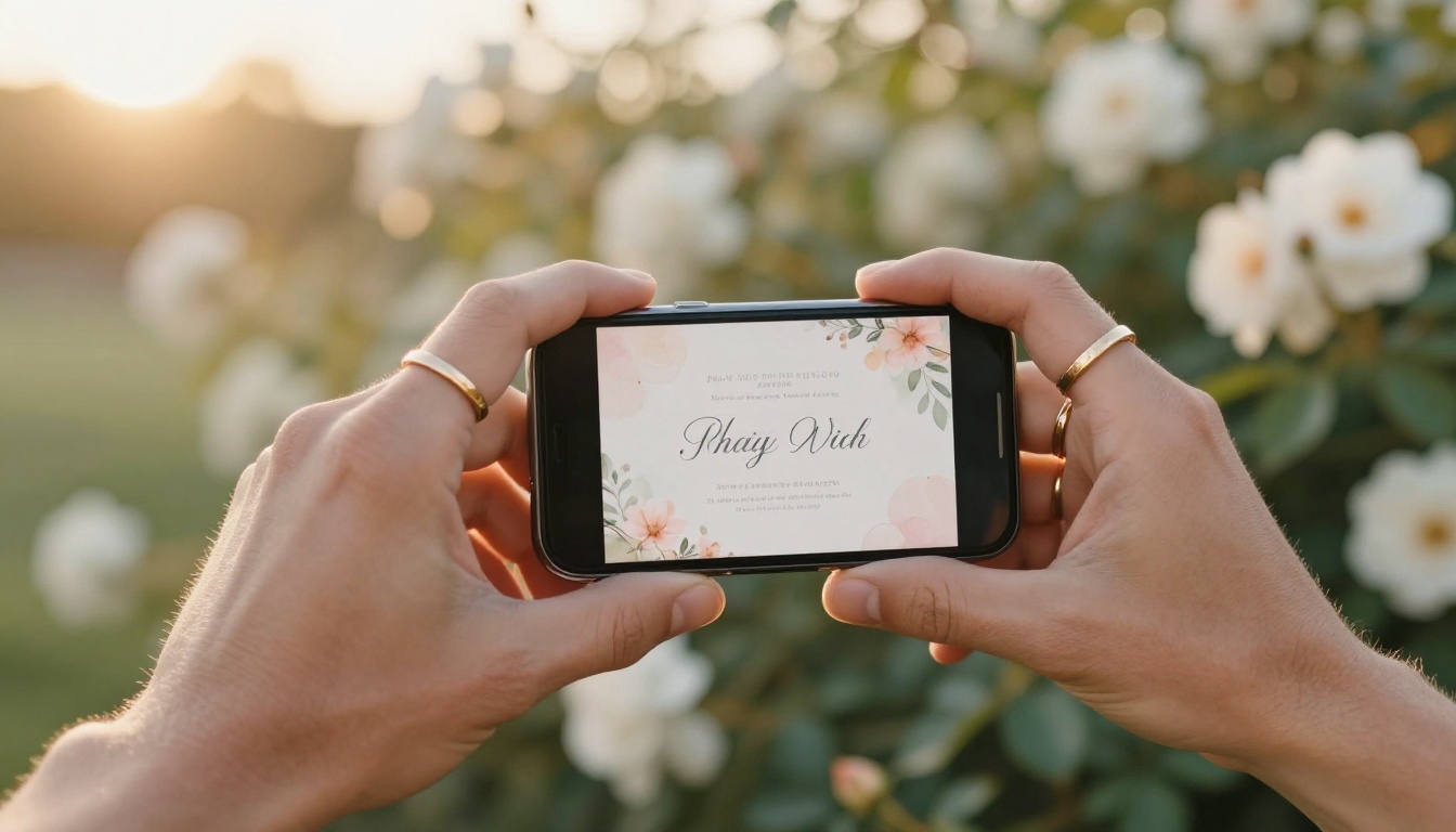 Hands of couple holding phone with wedding invitation in garden light