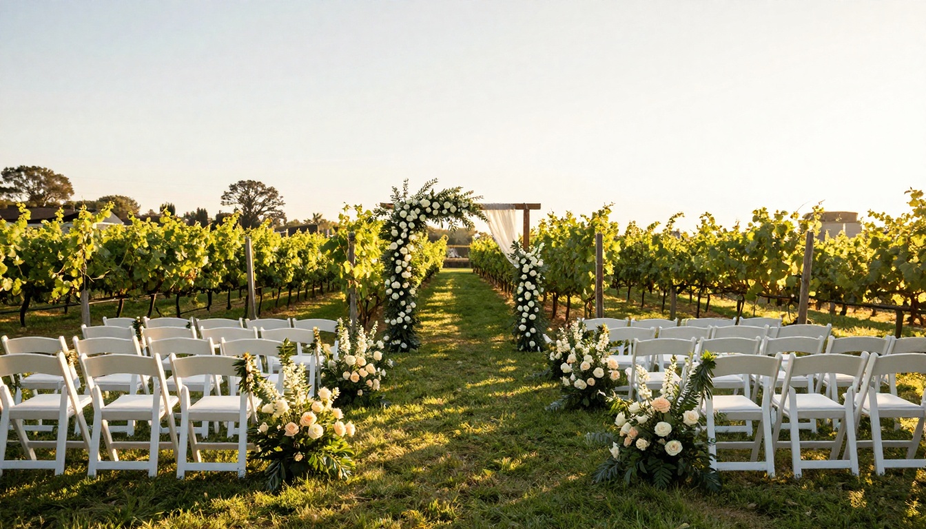Elegant outdoor wedding ceremony venue at golden hour