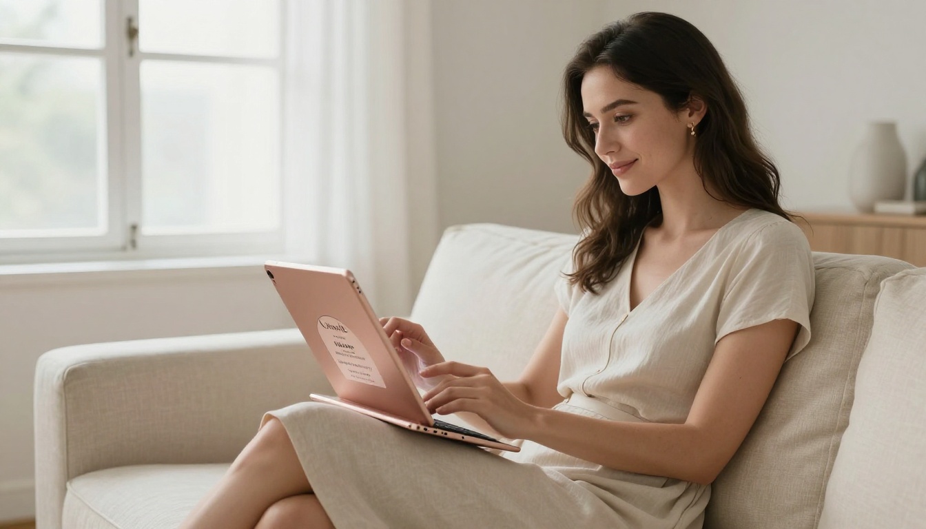 Woman on cream sofa viewing digital wedding invitation on iPad