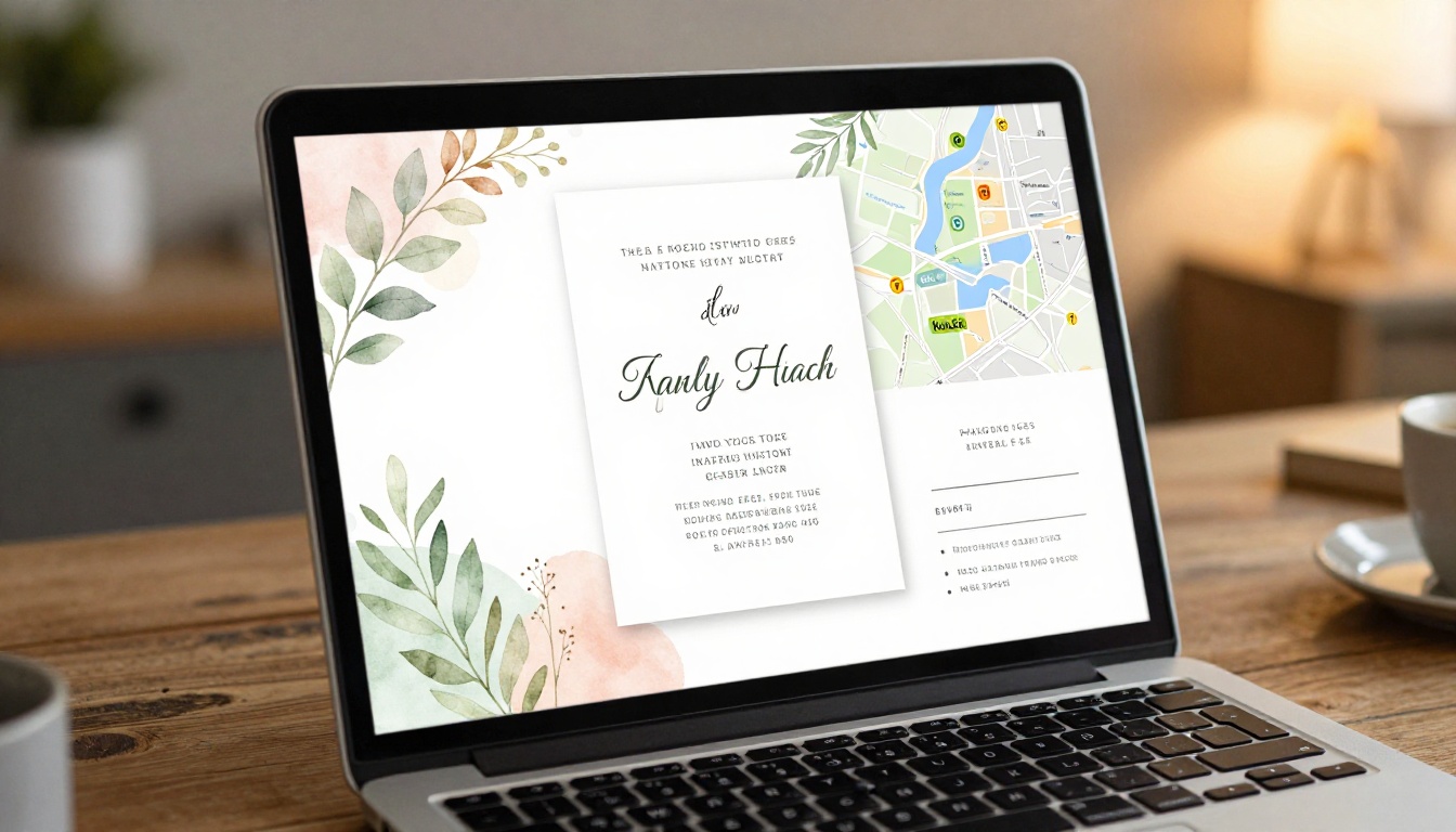 Close-up of laptop showing digital flipbook wedding invitation design