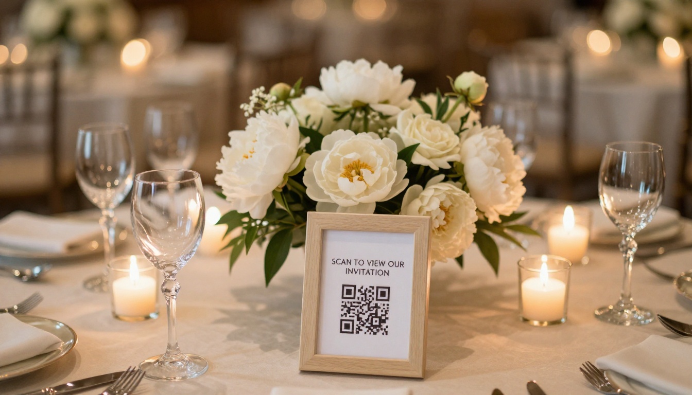 QR code card at wedding reception table with peonies and candlelight