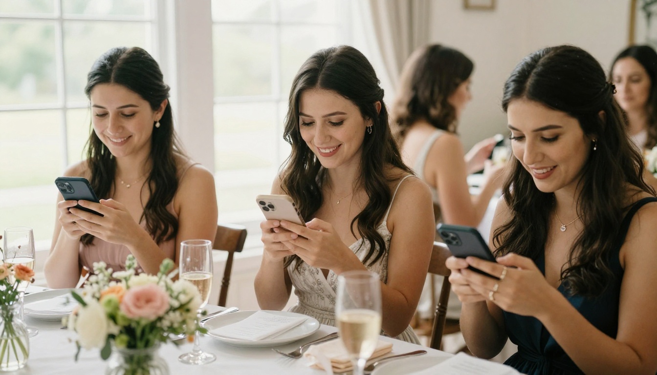 Three elegantly dressed women at bridal brunch sharing digital invitations on phones