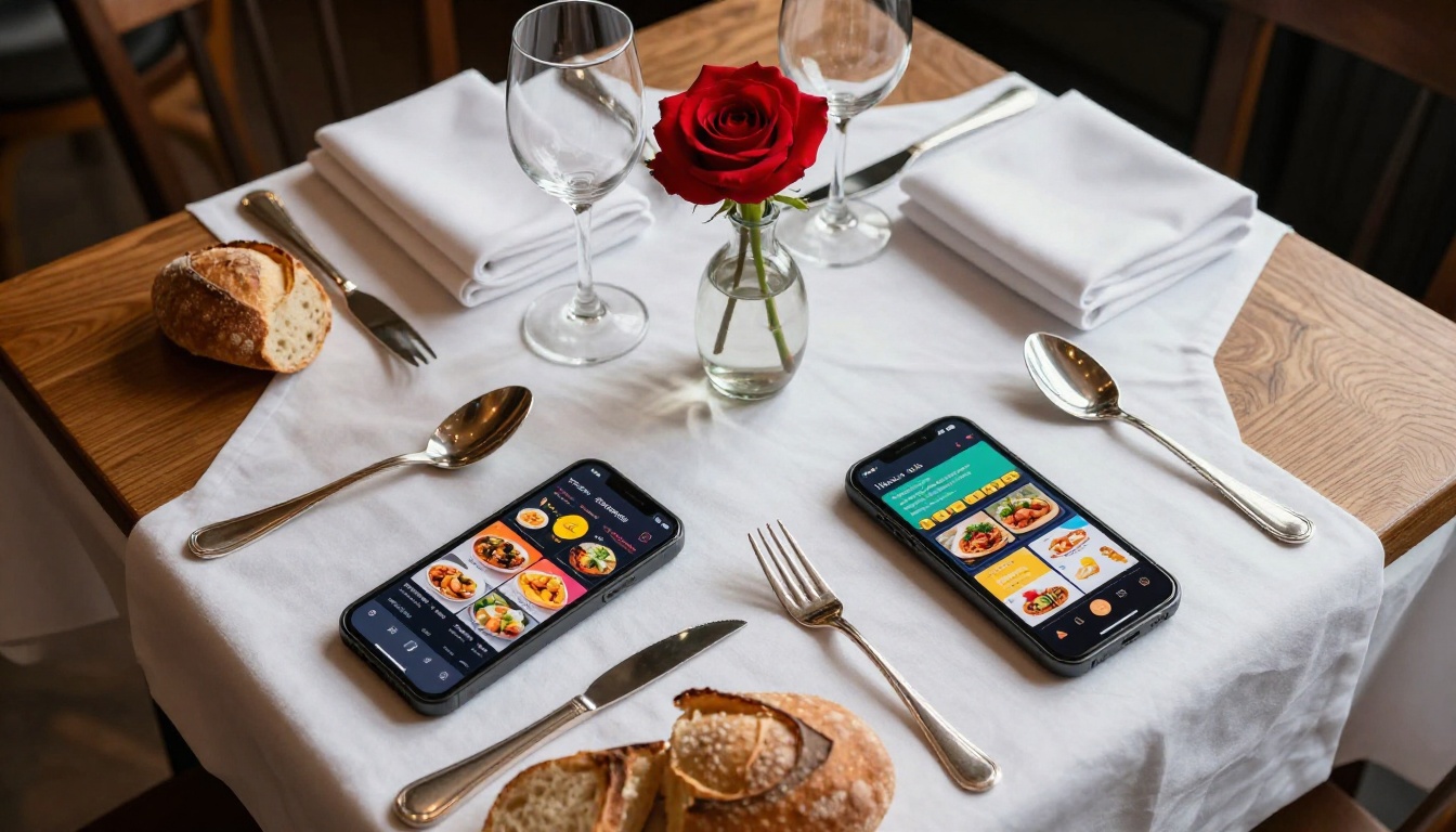 Two smartphones on a restaurant table displaying digital menus with page-flip design from an aerial view