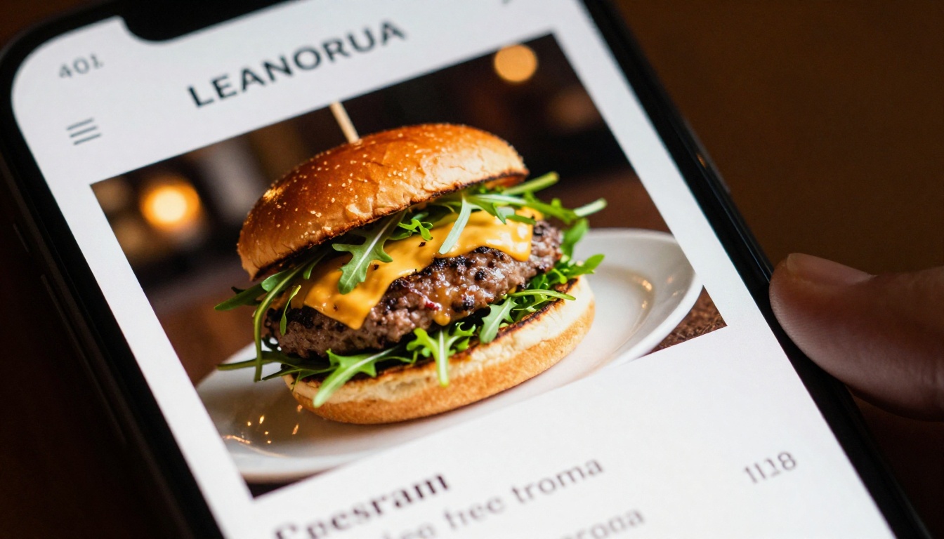 Close-up macro of a smartphone screen displaying a gourmet burger on a restaurant flipbook menu page