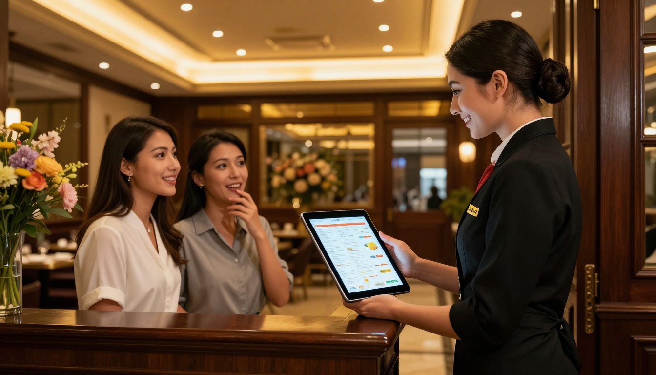 Restaurant hostess showing an iPad flipbook menu to arriving guests at an upscale restaurant entrance