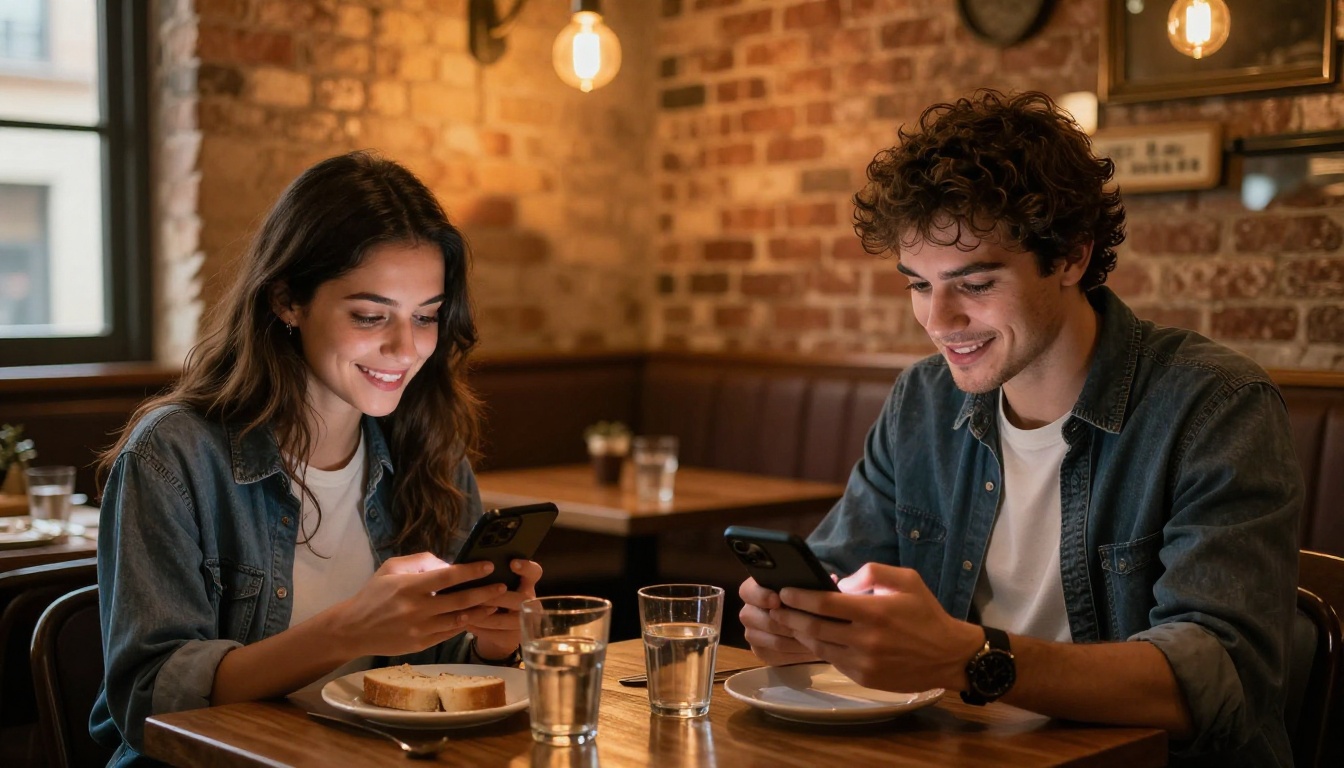 A couple at a restaurant booth both browsing their individual smartphones showing digital flipbook menus