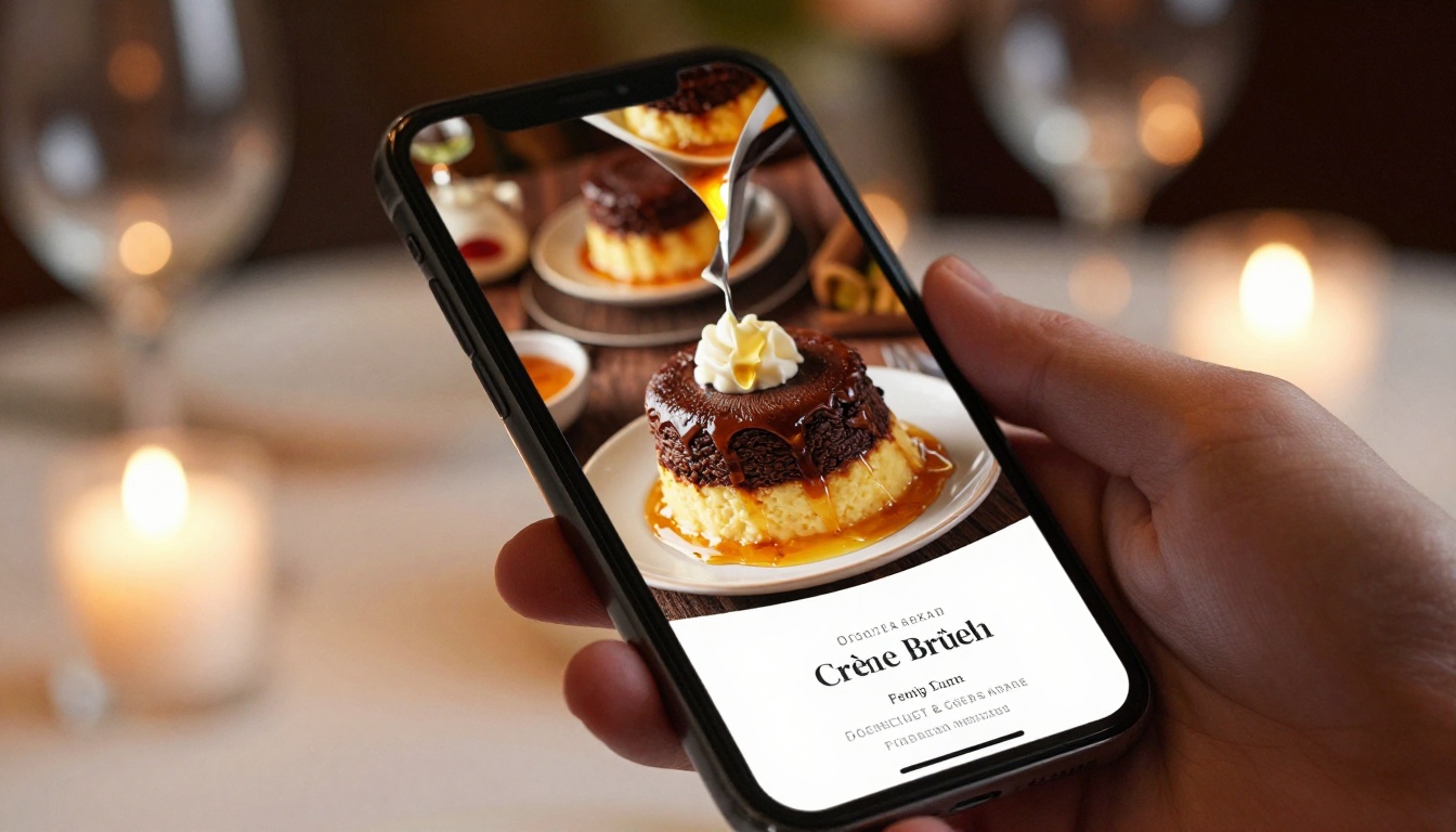 Close-up of a smartphone showing a restaurant dessert section flipbook menu with page-turn effect visible