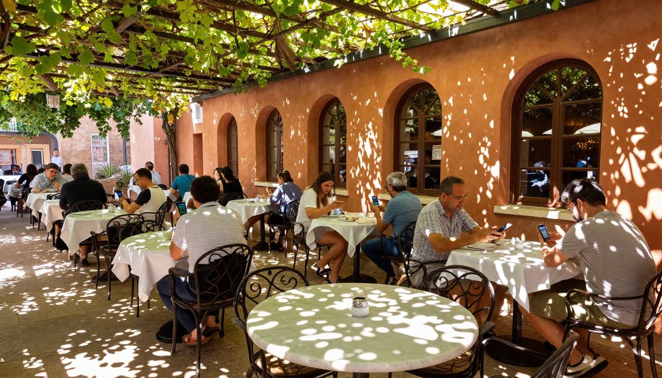 Low-angle view of a Mediterranean outdoor restaurant terrace with diners using phones to browse digital menus