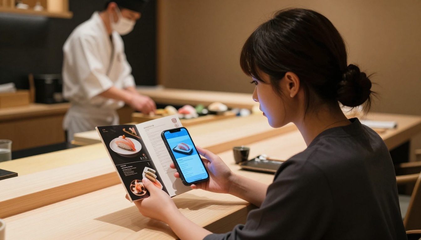A woman at a sushi bar counter holding a smartphone displaying a Japanese restaurant flipbook menu with atmospheric lighting