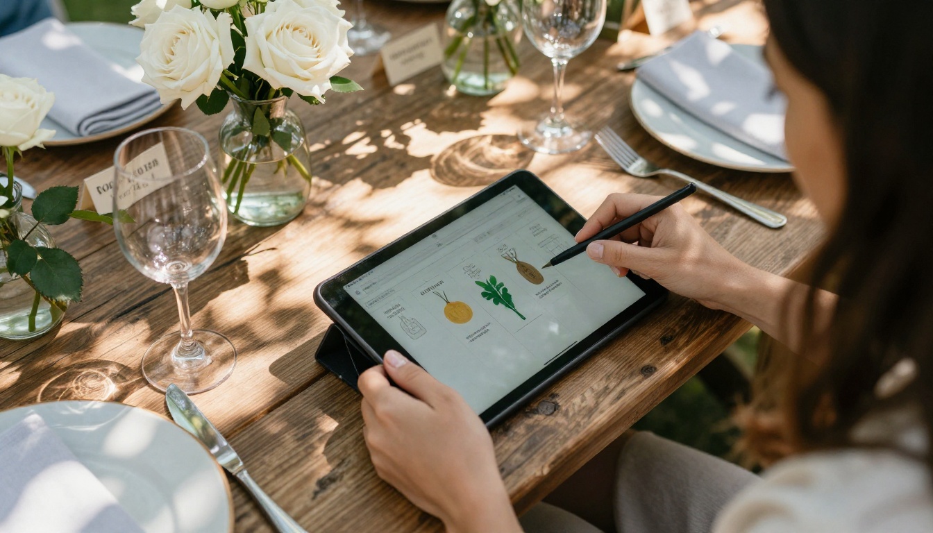Woman's hands scrolling through digital flipbook on tablet at garden party table