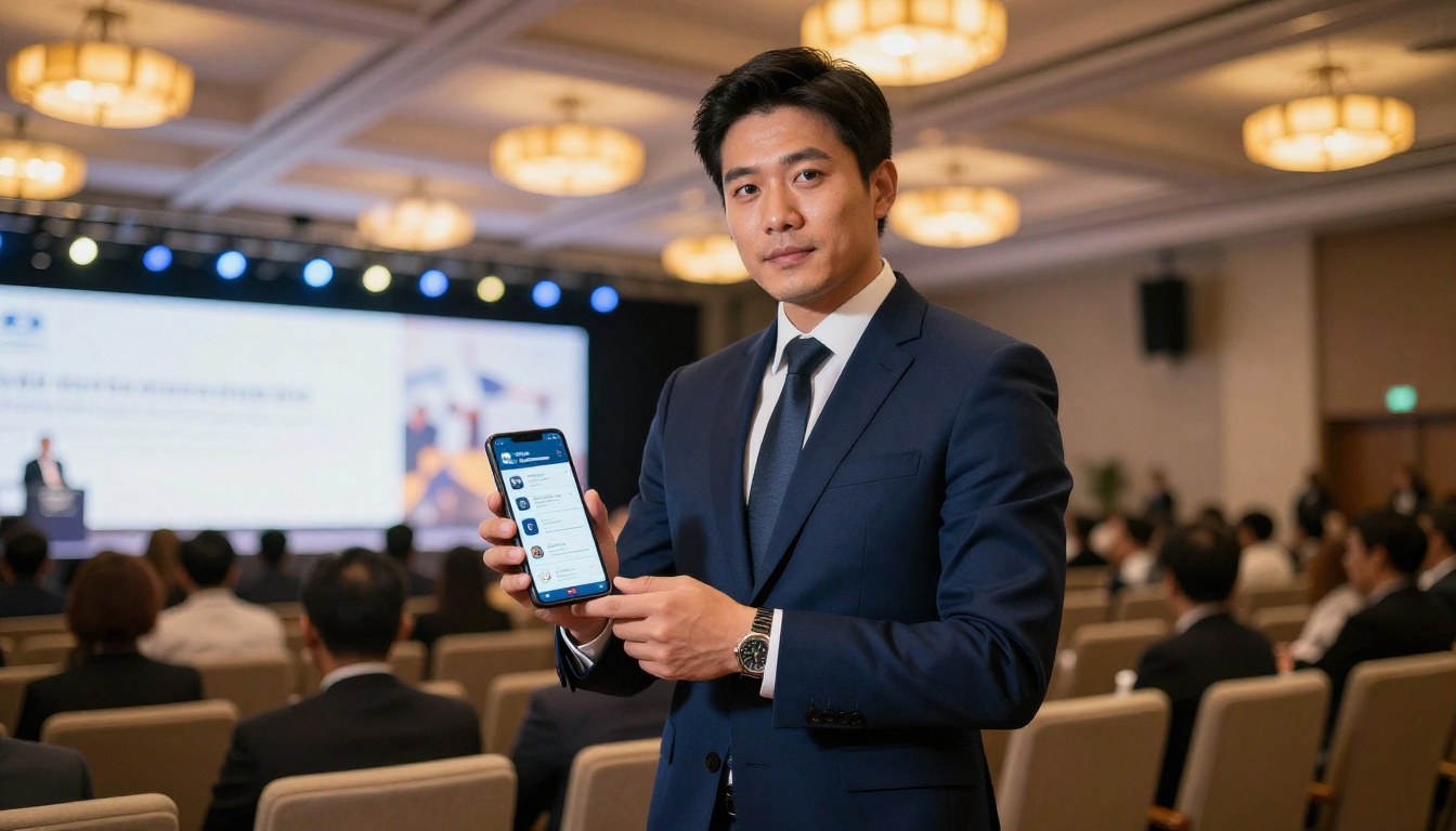 Man at corporate conference venue holding smartphone with digital program