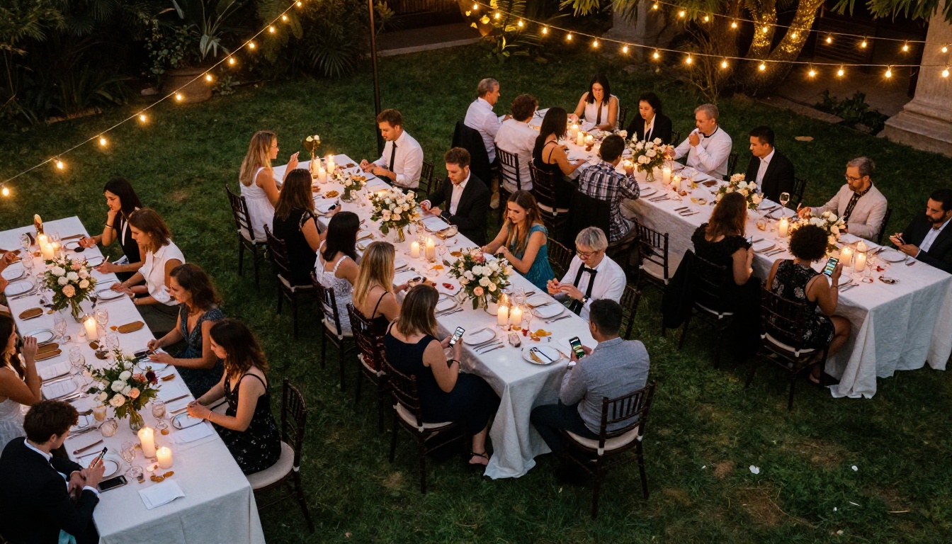Aerial view of outdoor wedding reception with guests at tables
