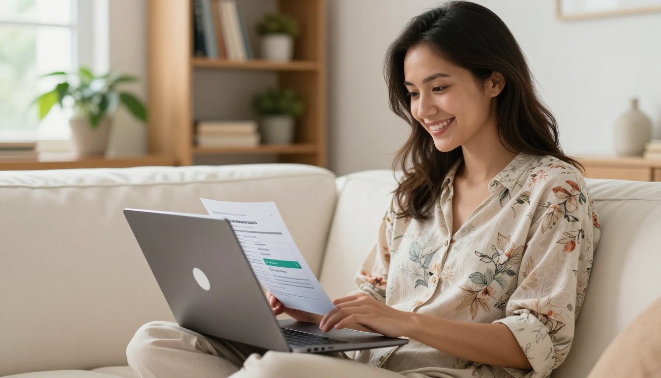 Woman uploading PDF event program on laptop at home