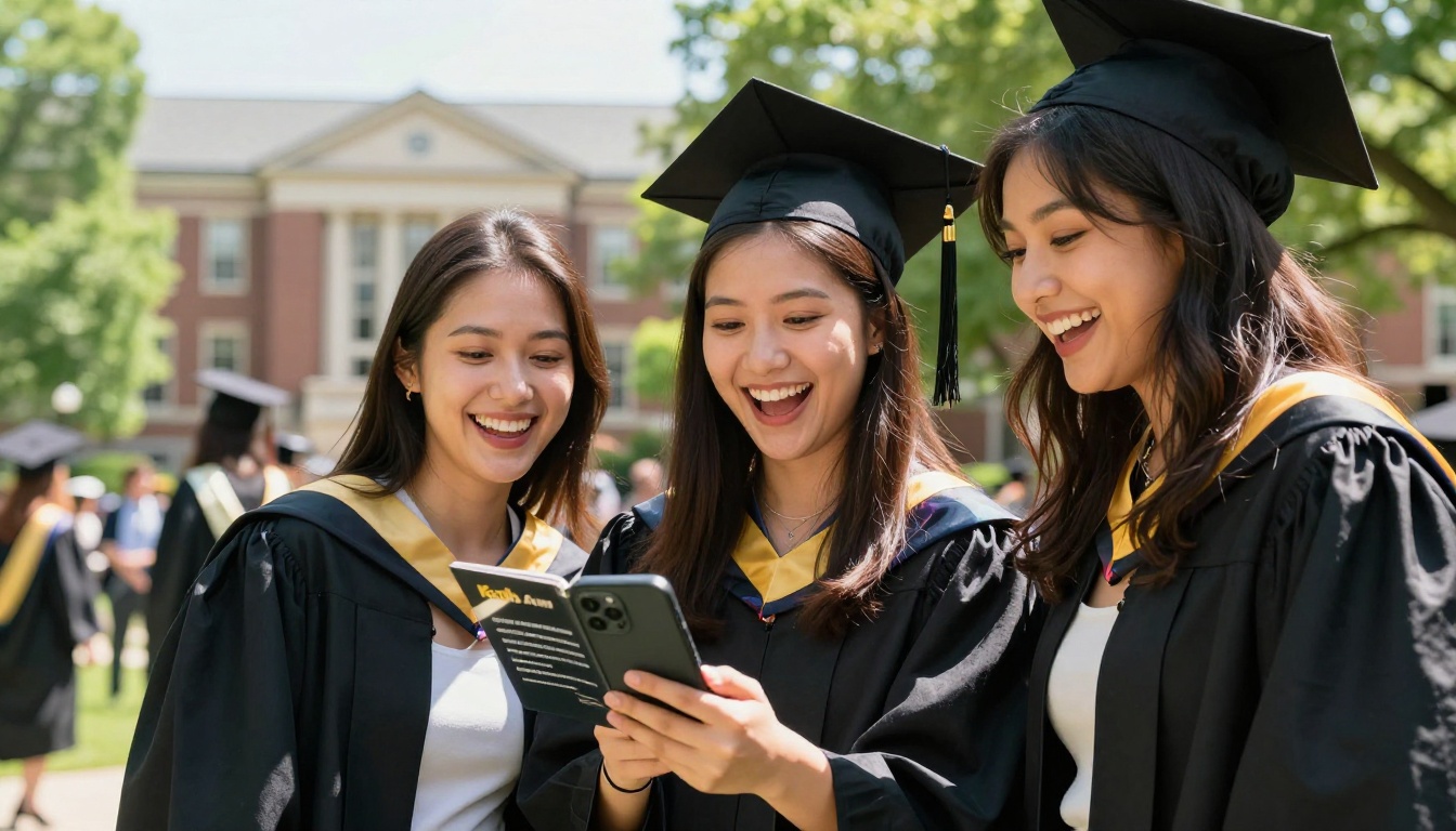 Group of women at graduation ceremony checking digital program on phone