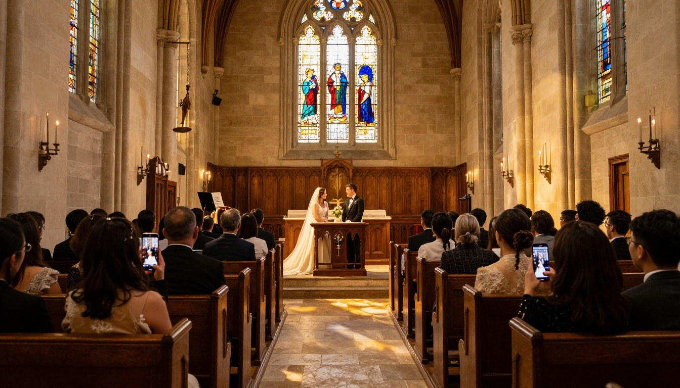 Guests inside wedding chapel interior viewing digital programs on phones