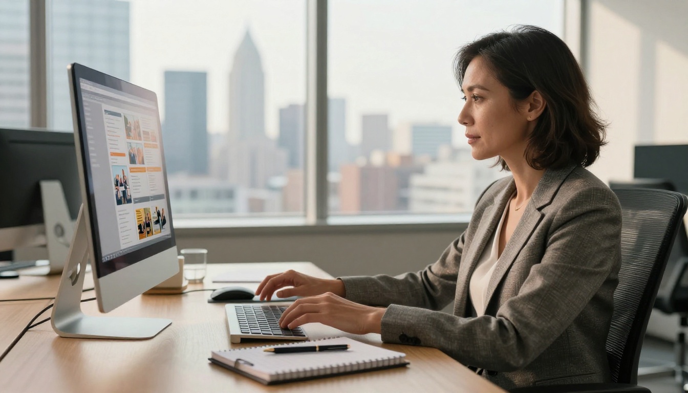 Professional event planner reviewing designs on desktop monitor in modern office