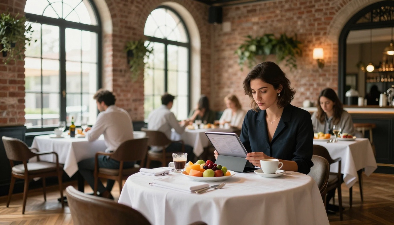 Hotel restaurant interior with guest reading digital menu on tablet