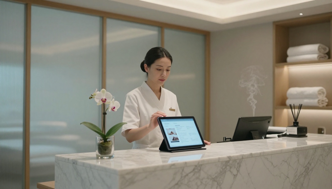 Hotel spa reception with digital services menu on tablet screen