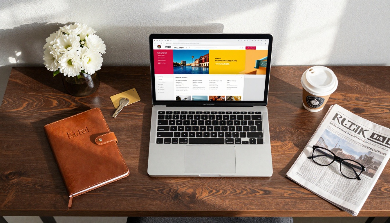Overhead flat-lay of hotel desk with digital welcome guide on laptop