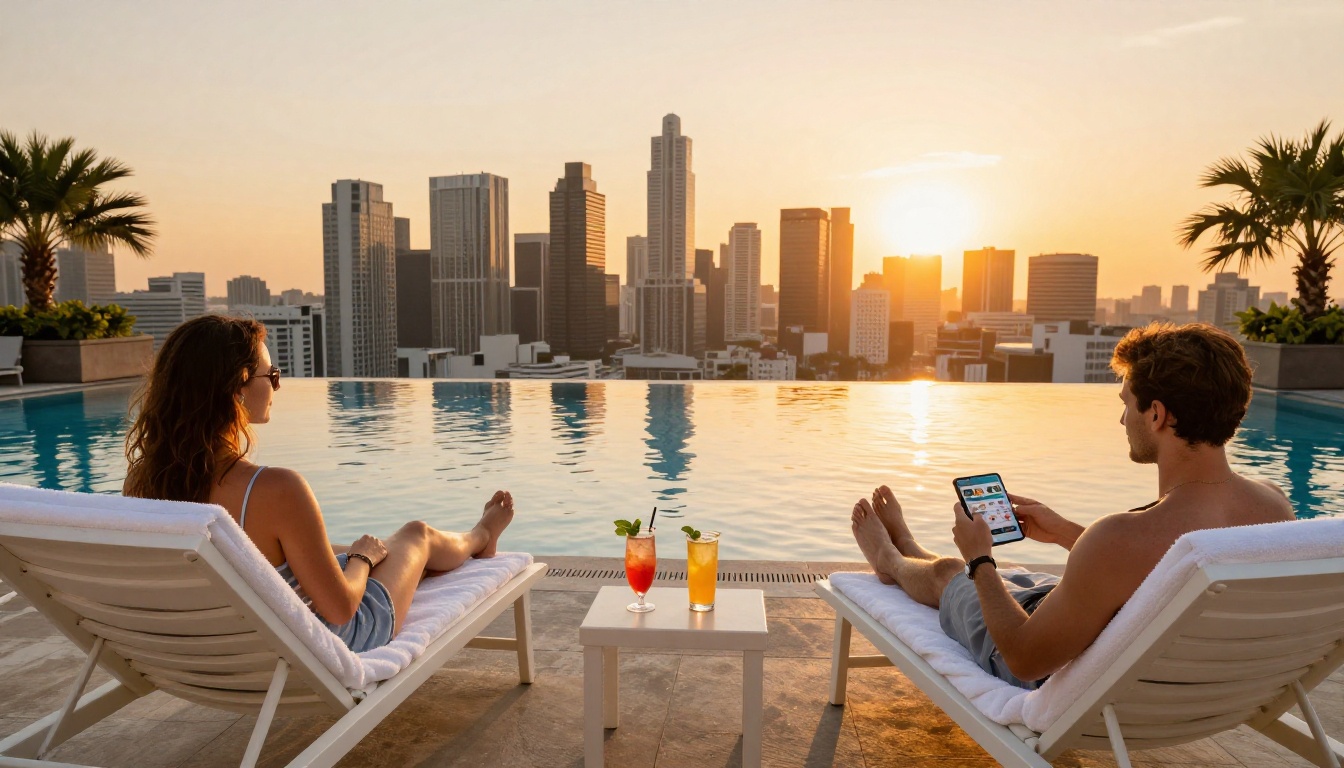 Hotel rooftop pool couple browsing digital flipbook on smartphone