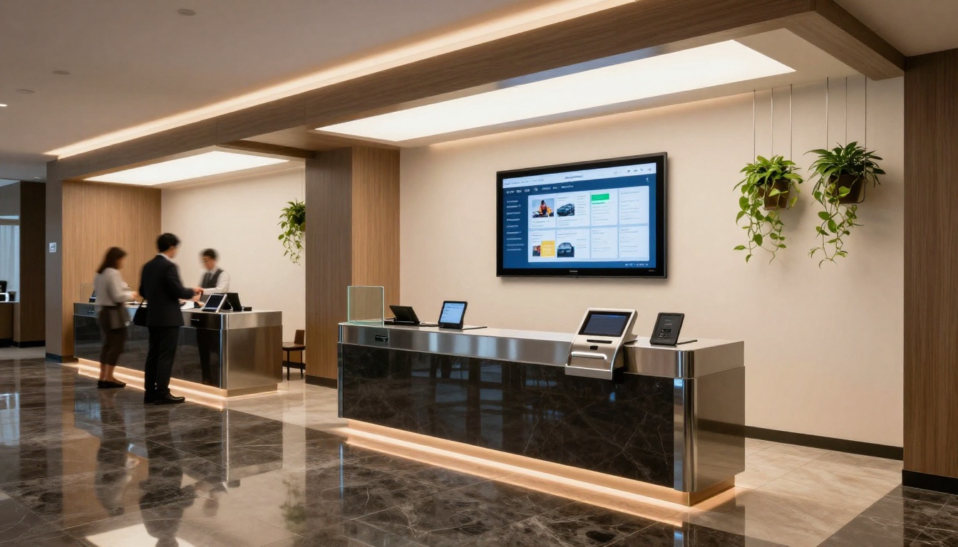 Hotel self-service check-in kiosk displaying digital welcome flipbook