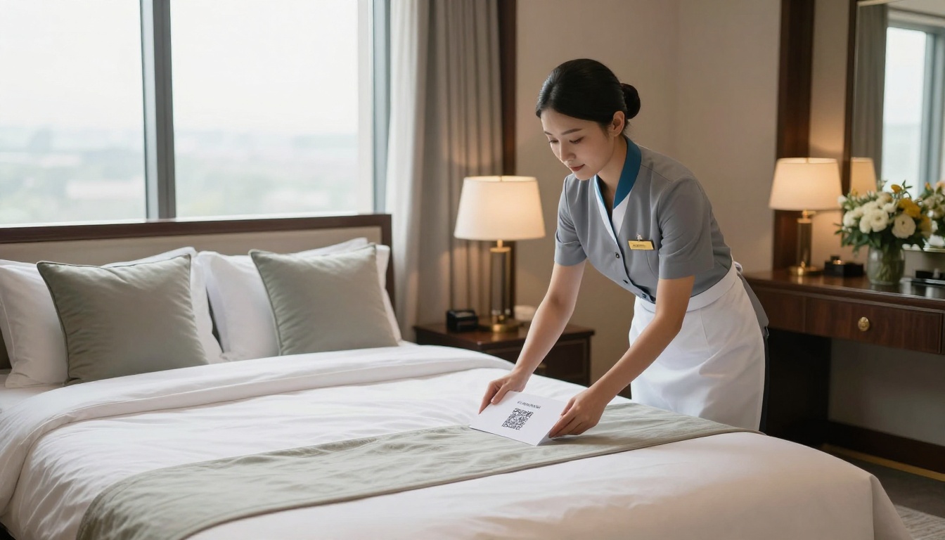 Hotel housekeeper placing QR tent card on freshly made bed
