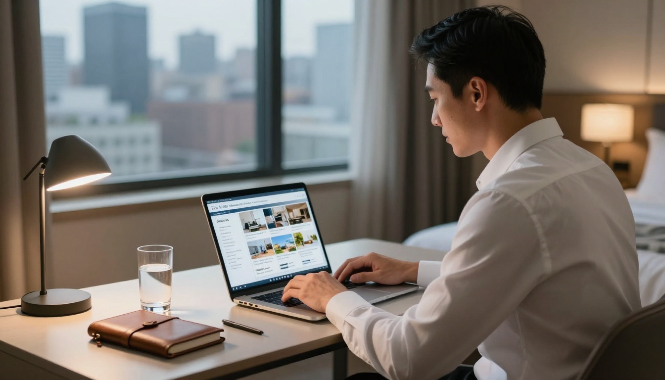 Business traveler reviewing digital conference guide on laptop in hotel room