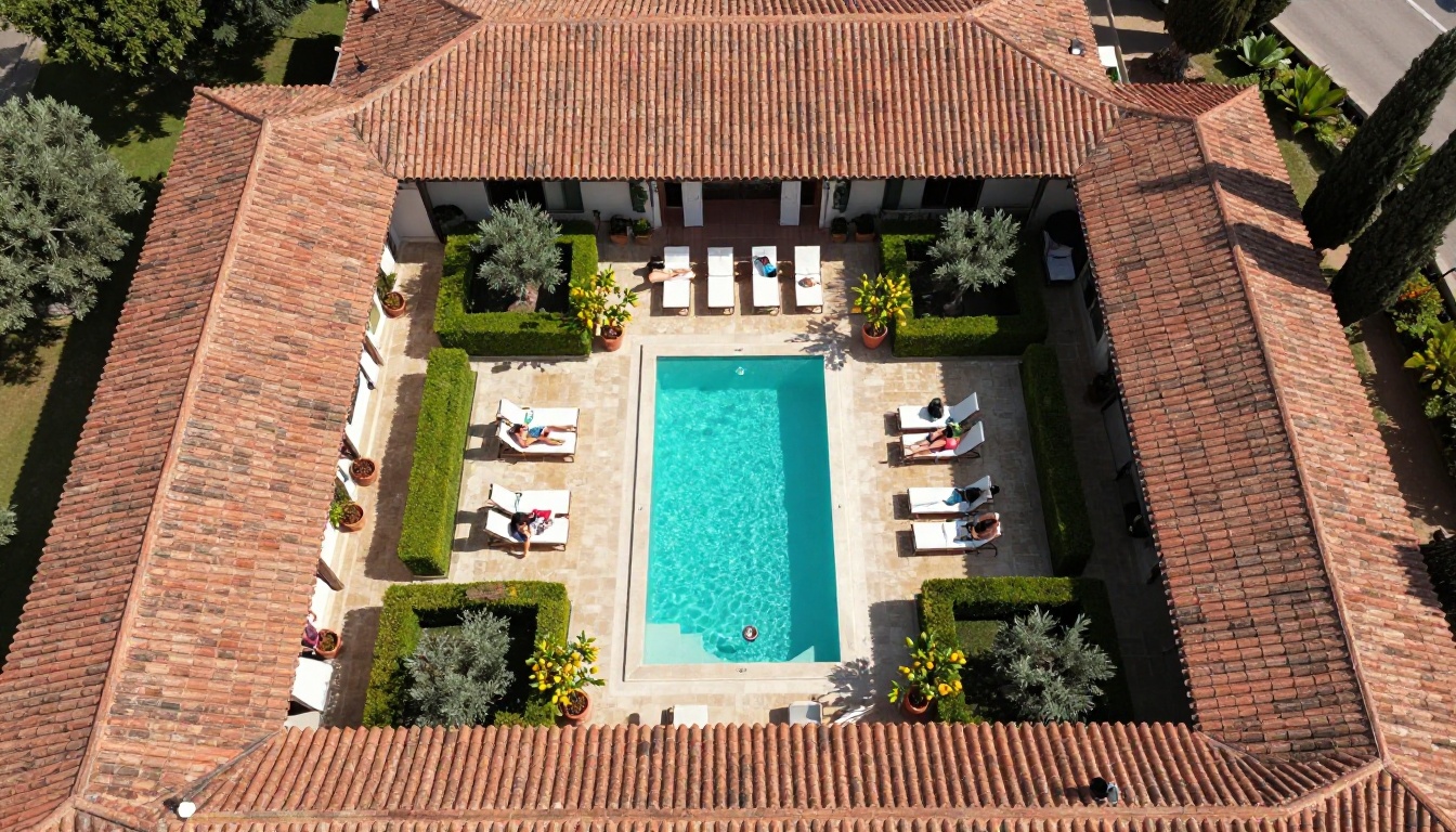 Aerial view of luxury Mediterranean hotel property from above