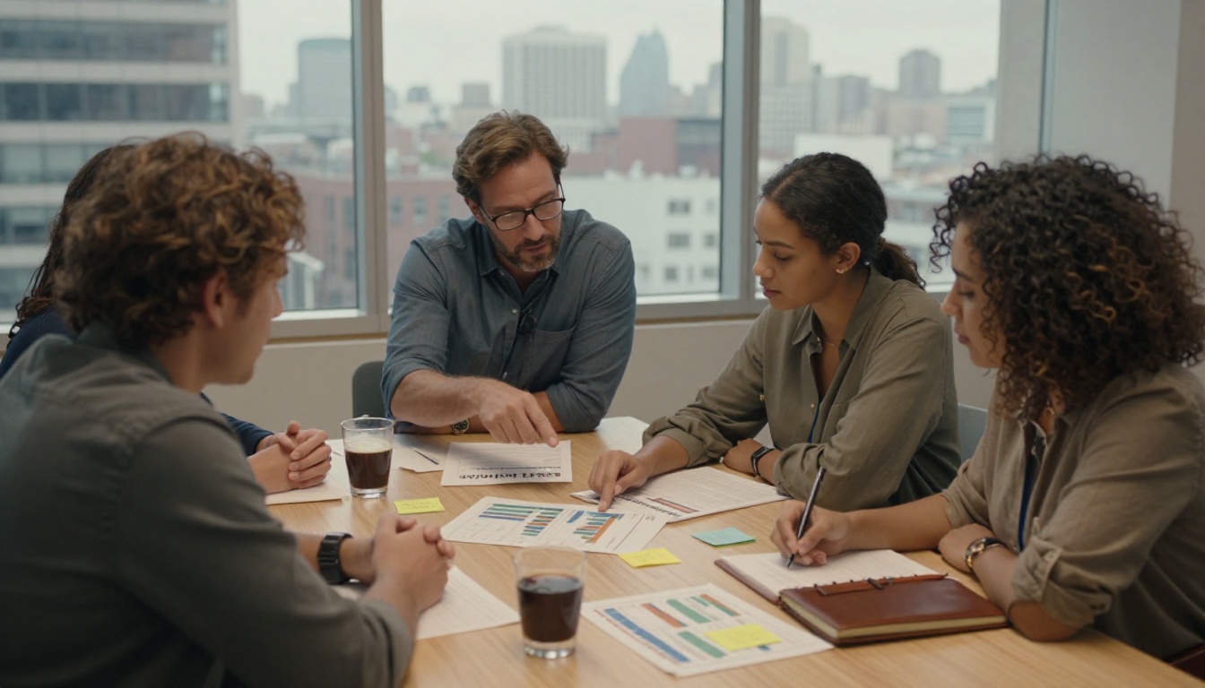 Nonprofit team reviewing annual report documents at a conference table