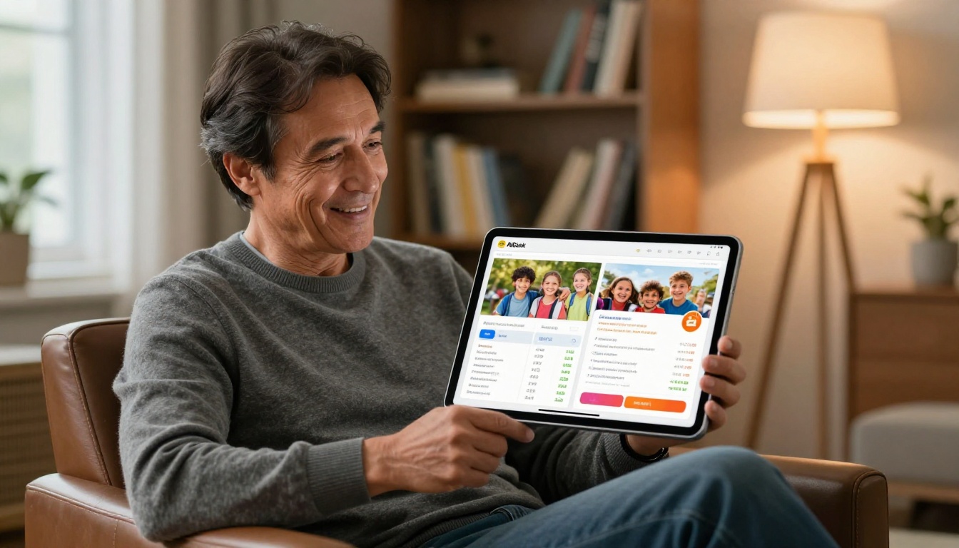 Donor reading nonprofit annual report on tablet in home setting
