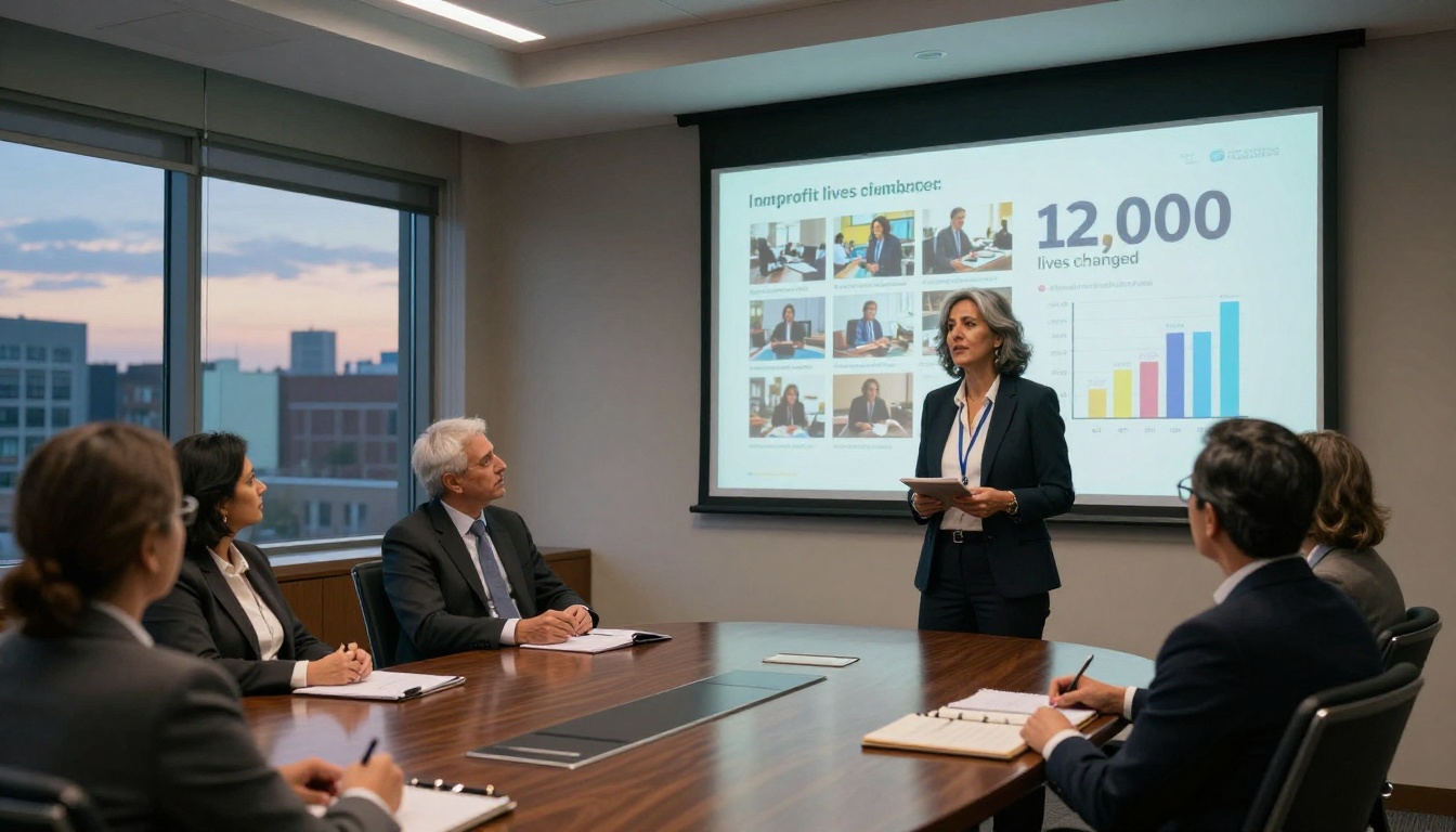 Executive director presenting nonprofit flipbook annual report to board members