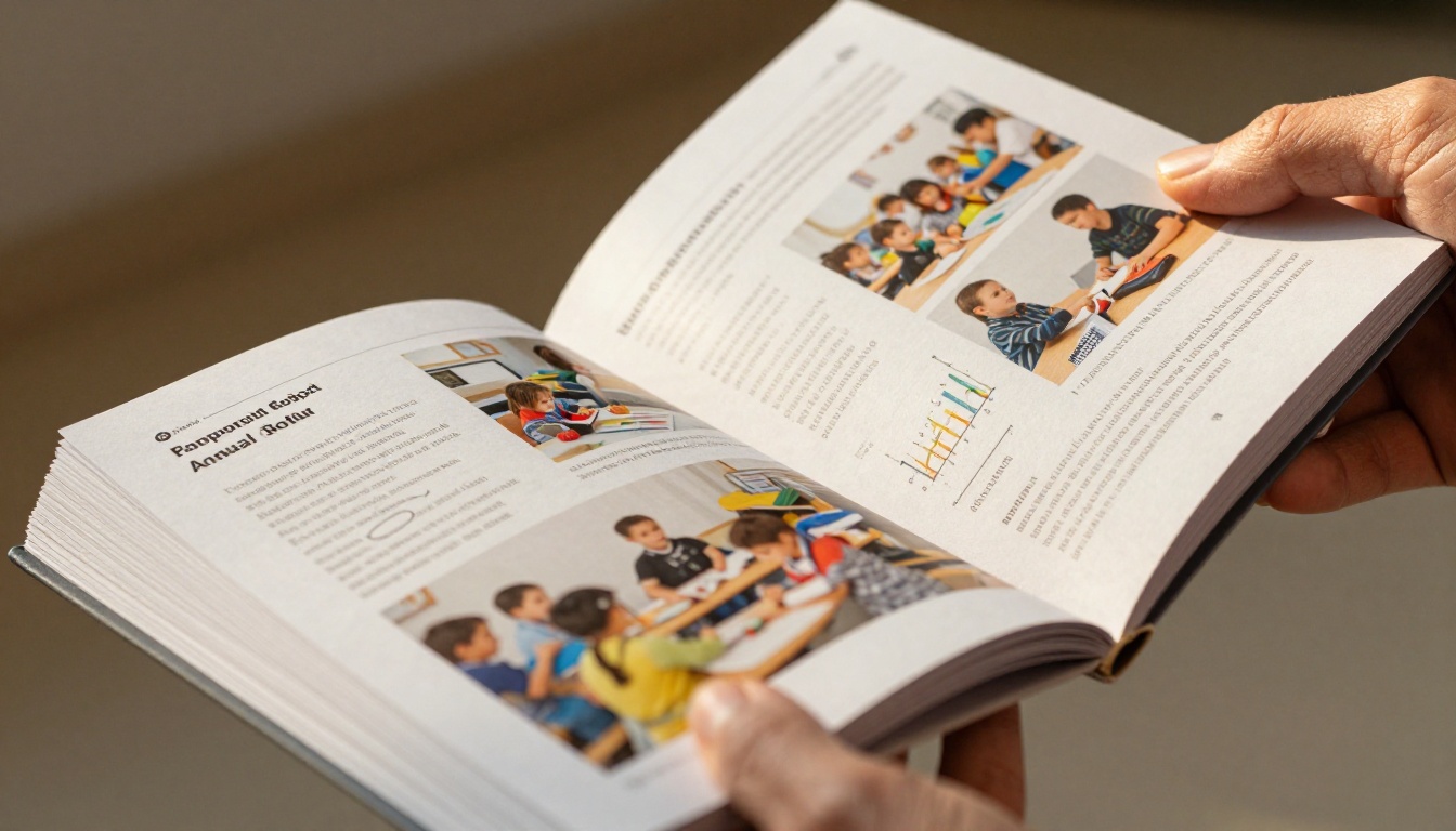 Close-up of hands turning pages of a printed nonprofit annual report