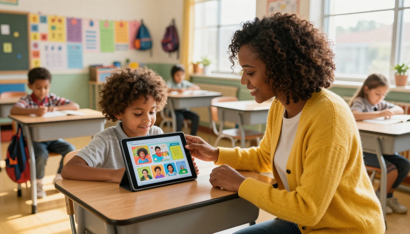 Teacher and student reviewing nonprofit educational content on tablet in classroom