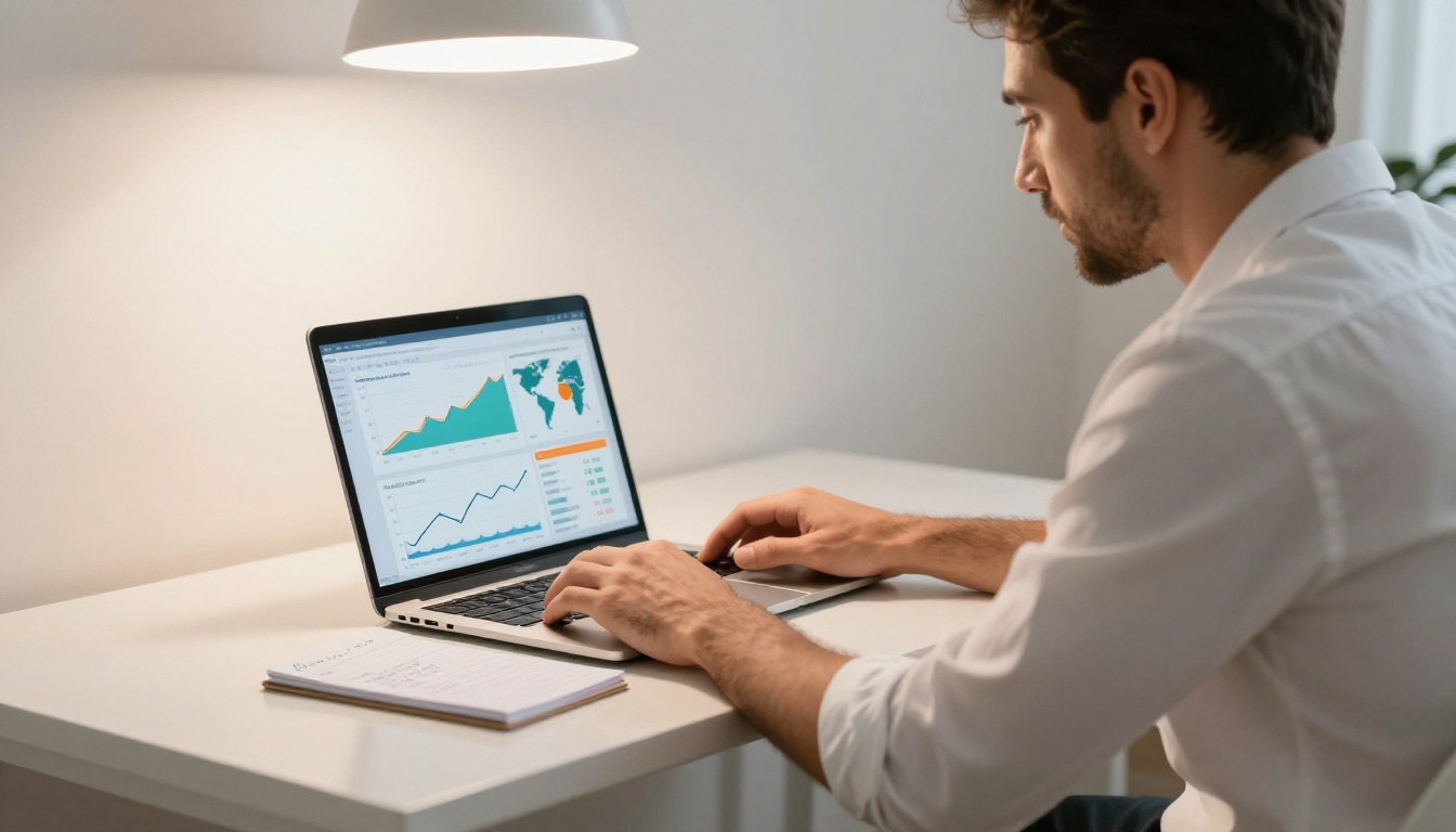 Nonprofit professional reviewing digital publication analytics dashboard