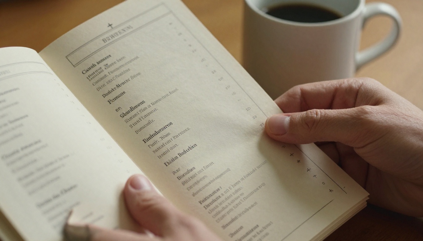 Close-up of hands holding a church bulletin with a coffee mug blurred in the background Close-up of hands holding a church bulletin with a coffee mug blurred in the background