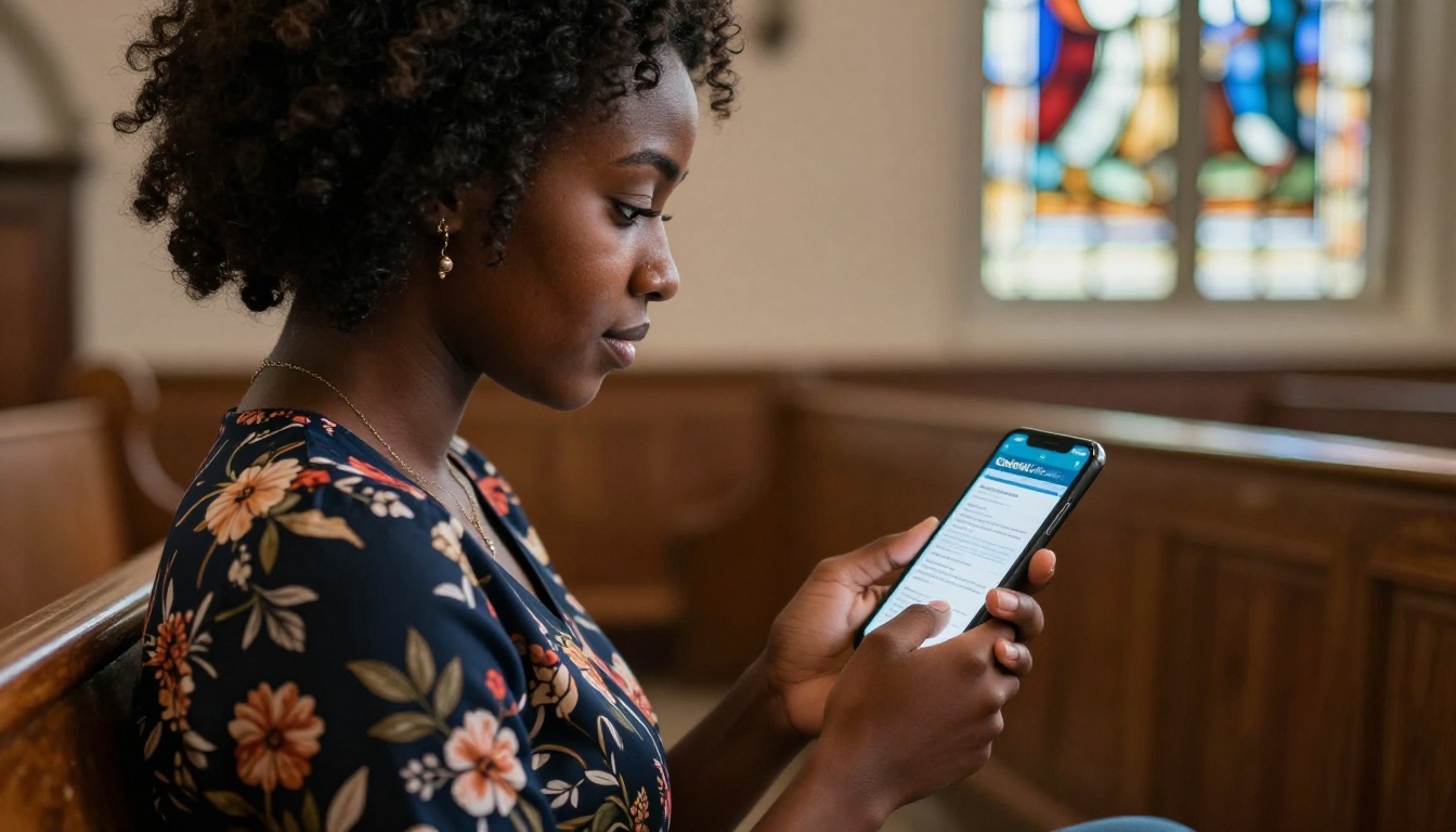 Young woman in a floral dress viewing a digital bulletin on her phone while seated in a church pew Young woman in a floral dress viewing a digital bulletin on her phone while seated in a church pew