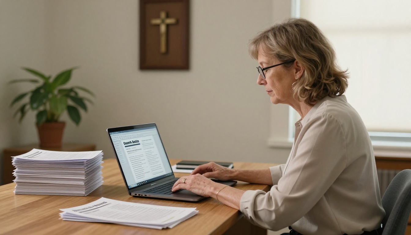Church administrator designing a bulletin on a laptop at a wooden desk in a church office Church administrator designing a bulletin on a laptop at a wooden desk in a church office