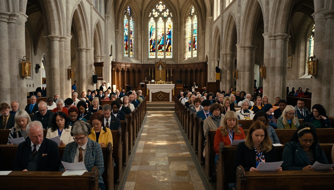 Congregation seated in a historic stone church on Sunday morning Congregation seated in a historic stone church on Sunday morning