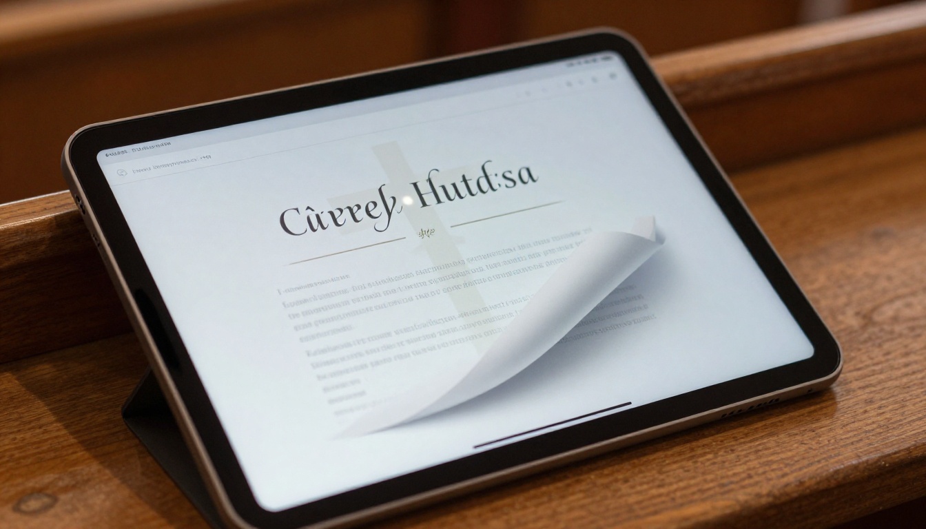 Tablet displaying a digital document with realistic page-turn effect on a wooden surface Tablet displaying a digital document with realistic page-turn effect on a wooden surface