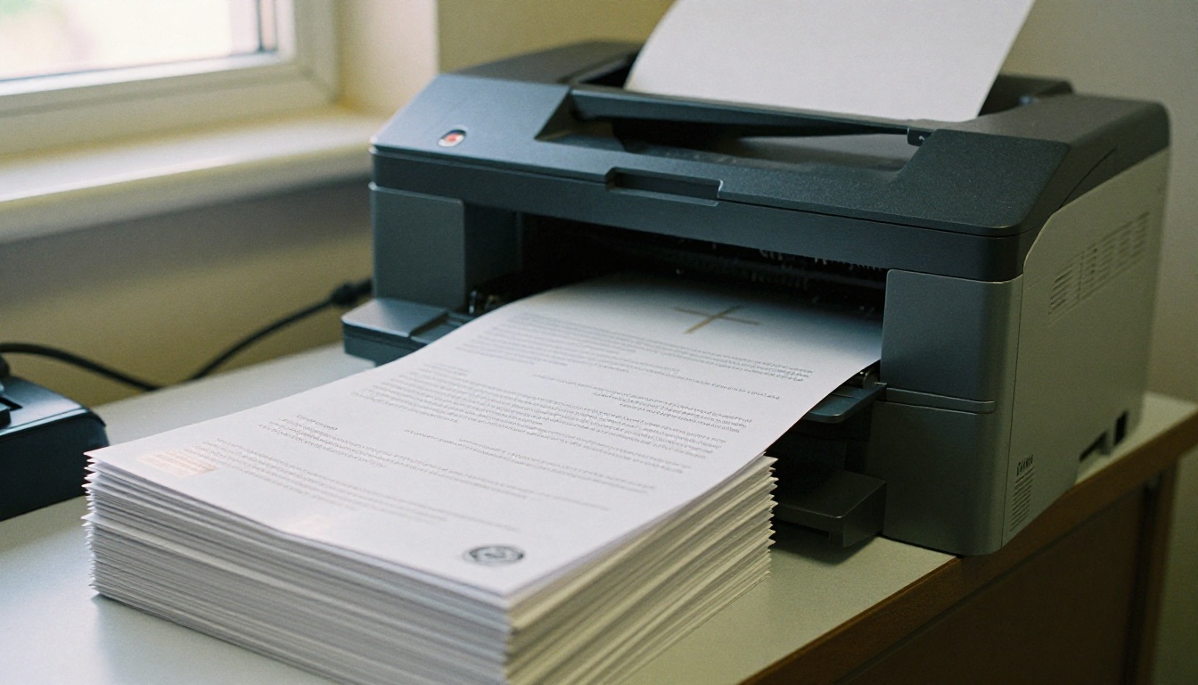 Stacks of freshly printed church bulletins coming out of an office printer Stacks of freshly printed church bulletins coming out of an office printer