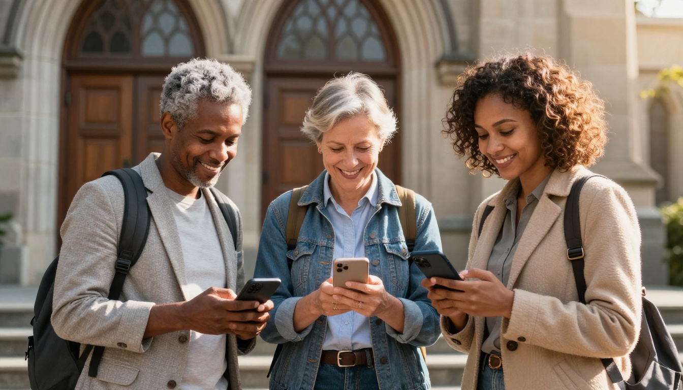 Small group of church members outside after service, each looking at the bulletin on their phones Small group of church members outside after service, each looking at the bulletin on their phones