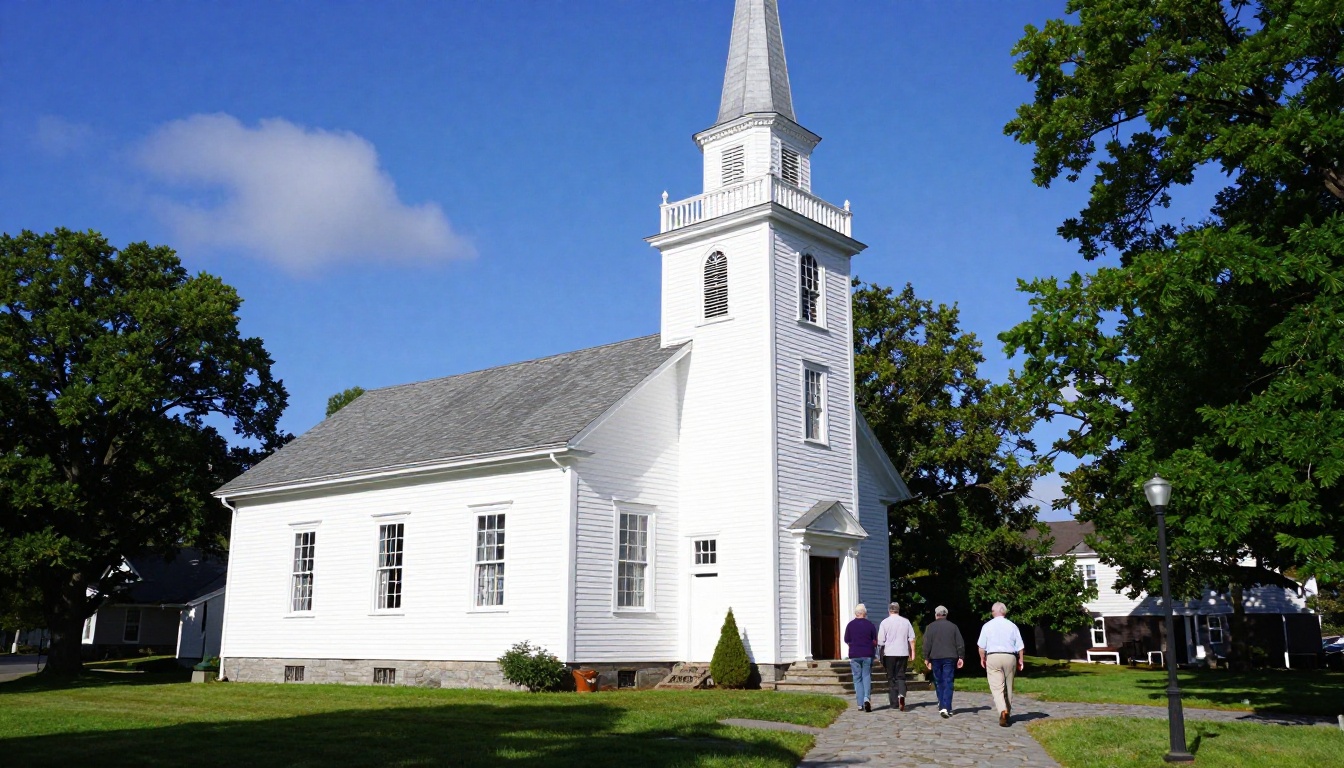 Classic white church exterior on a sunny Sunday morning with congregation members arriving Classic white church exterior on a sunny Sunday morning with congregation members arriving