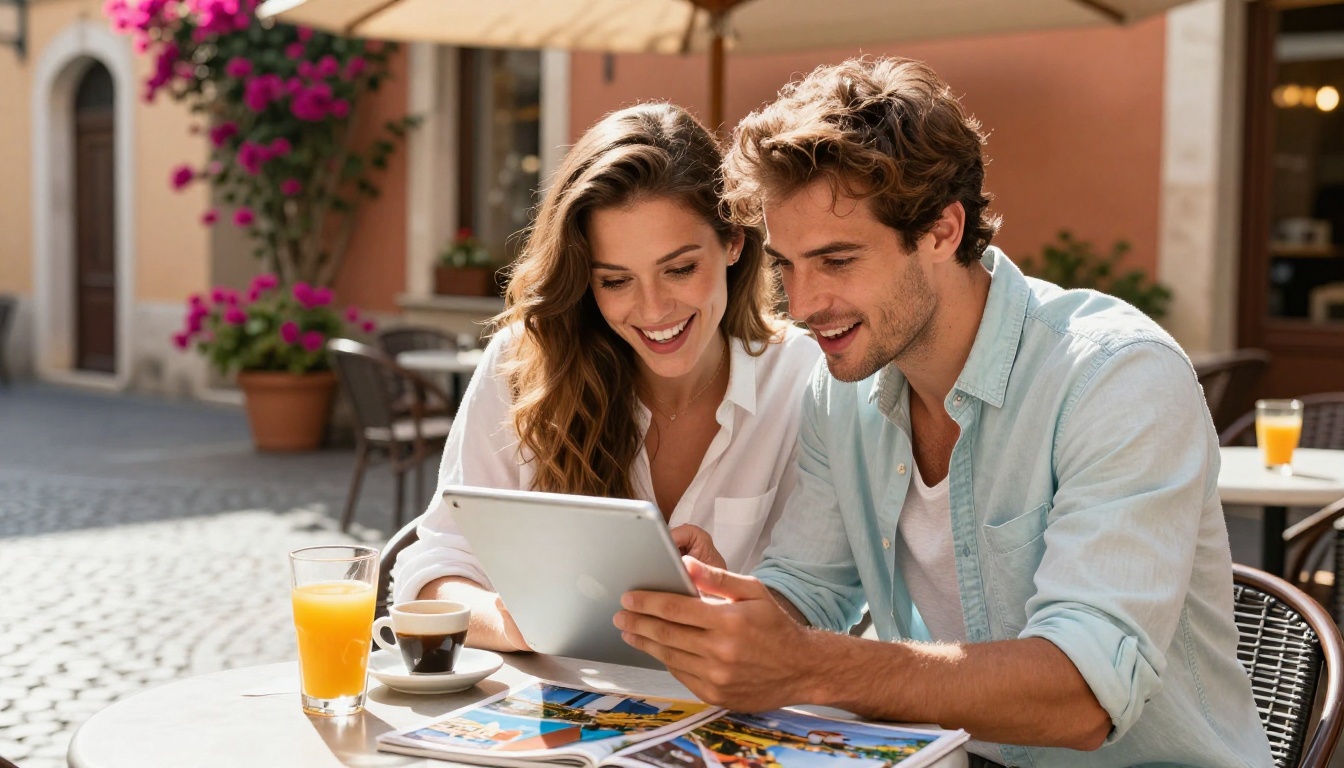 Couple reviewing travel content on tablet at outdoor cafe
