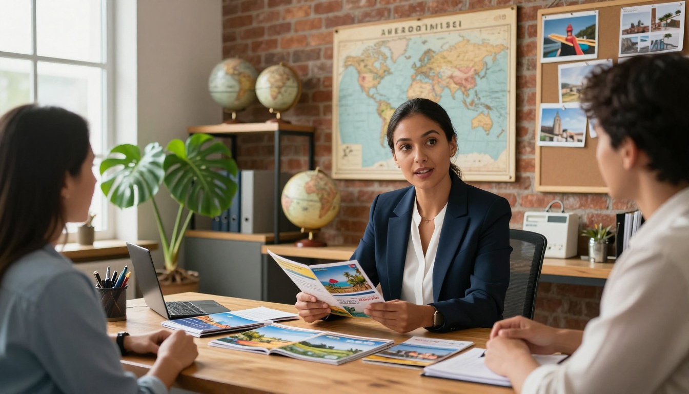 Professional travel agent presenting brochures to clients