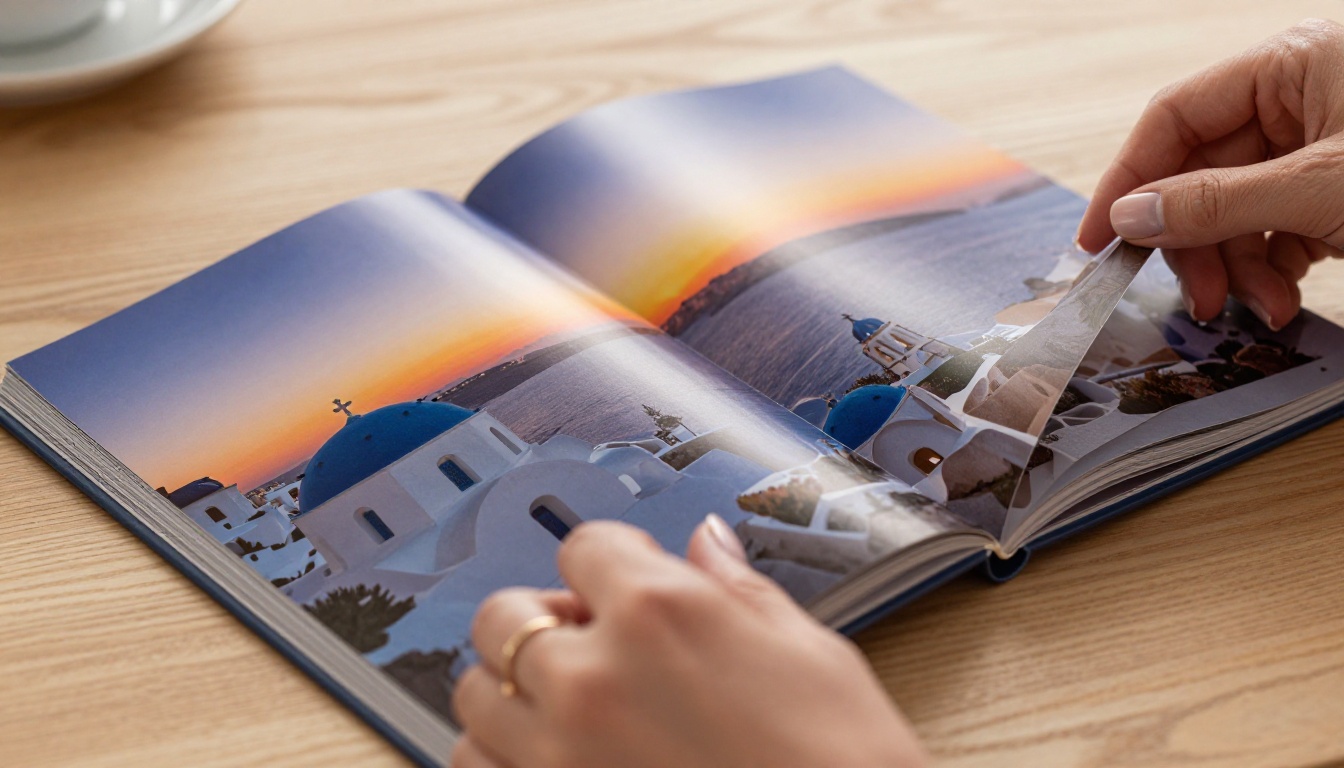 Close-up hands flipping through a glossy travel brochure