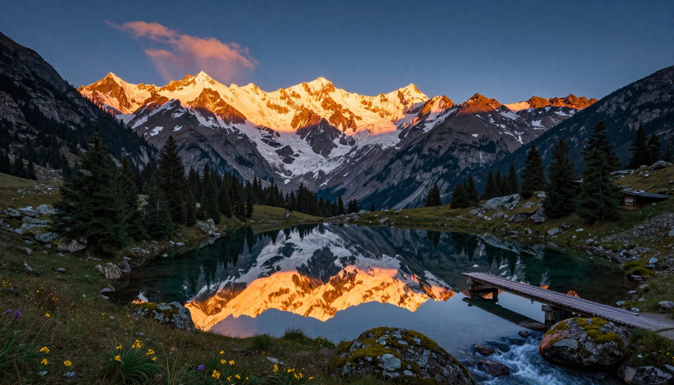 Alpine mountain range reflected in glacial lake at golden hour