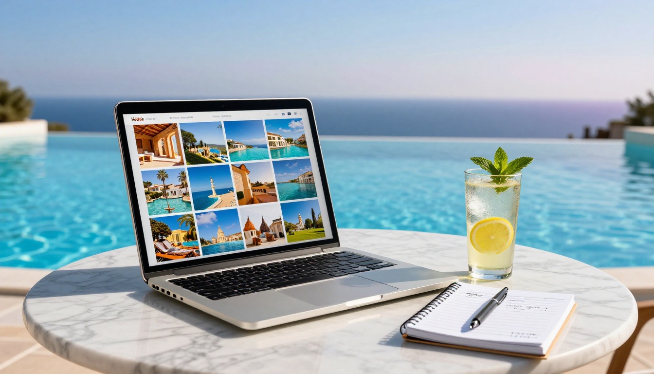 Laptop on Mediterranean terrace showing digital travel brochure content